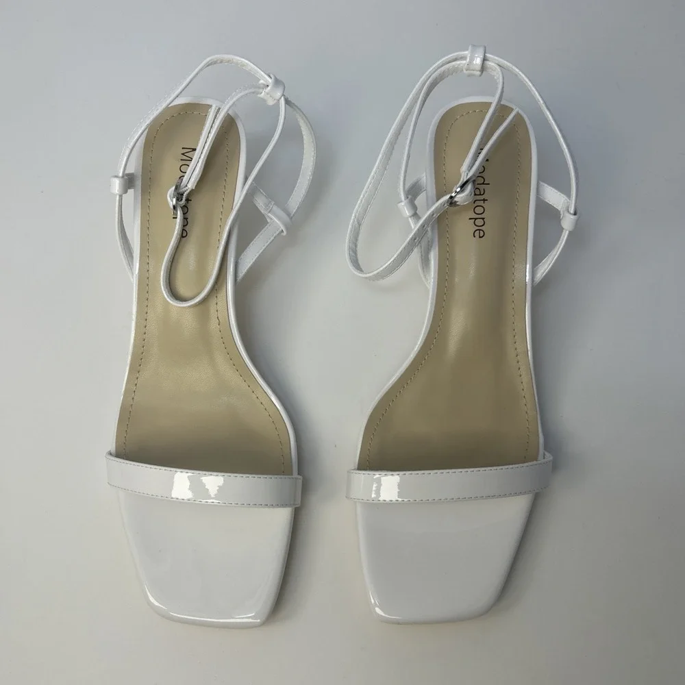 Modatope Women's Strappy Heeled Sandals White Patent Square Toe Size 9 NIB